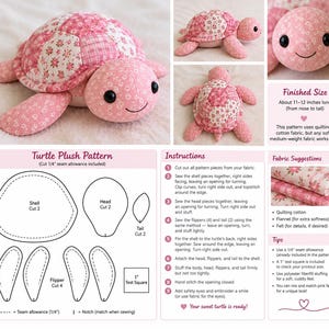 Pode incluir: Um molde de costura para uma tartaruga de pel&uacute;cia, com uma tartaruga pronta em tecido floral rosa, diagramas para o casco, cabe&ccedil;a, nadadeiras e cauda, um quadrado de teste de 2,54 cm e instru&ccedil;&otilde;es passo a passo para 28-30 cm de comprimento.