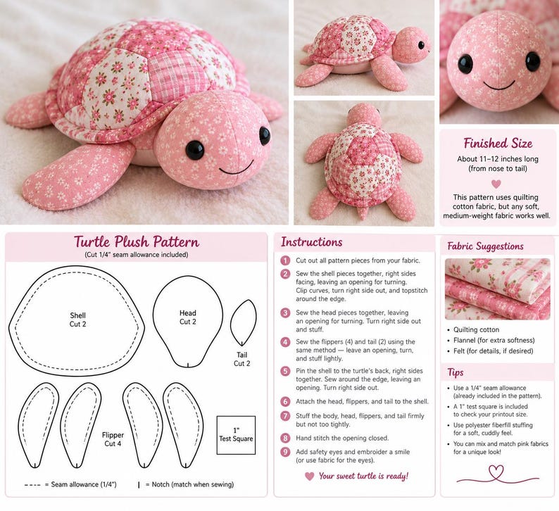 Pode incluir: Um molde de costura para uma tartaruga de pel&uacute;cia, com uma tartaruga pronta em tecido floral rosa, diagramas para o casco, cabe&ccedil;a, nadadeiras e cauda, um quadrado de teste de 2,54 cm e instru&ccedil;&otilde;es passo a passo para 28-30 cm de comprimento.
