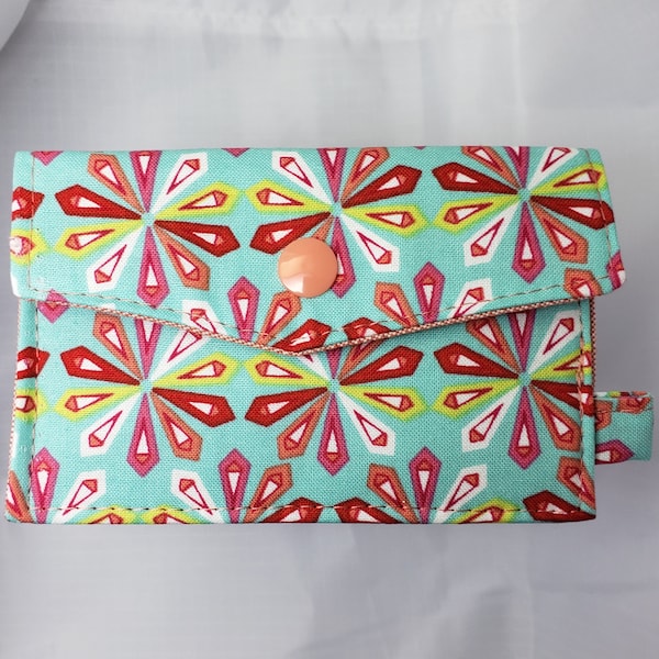 Fabric card holder wallet pouch for organizing business cards, gift cards, credit cards, loyalty cards, ID, cash, birth control, or earbuds