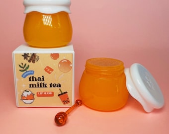 Thai Tea Lip Mask - Moisturizing Overnight Lip Mask, Hydrating Lip Gloss, Lip Treatment for Soft Lips, Cute Pot with Honeycomb Applicator