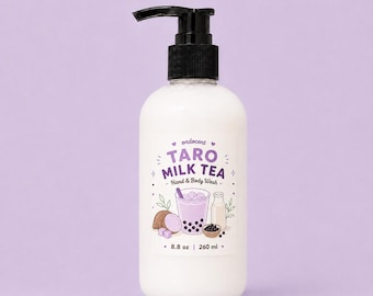 May include: A white hand and body wash bottle with a black pump dispenser. The label features the text "ondocent TARO MILK TEA Hand & Body Wash" and an illustration of a taro boba drink. The label clearly states 8.8 oz and 260 ml.