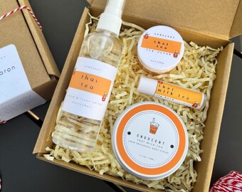 Thai Milk Tea Self Care Gift Set - Gift for Boba Lovers, Thai Tea Sugar Scrub, Thai Tea Fragrance Room Spray, Thai Tea Lip Balm, Lip Scrub