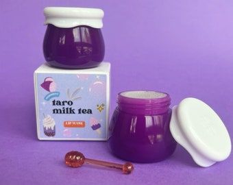 Taro Milk Tea Lip Mask-Moisturizing Overnight Lip MaskHydrating Lip Gloss, Lip Treatment for Soft Lips, Cute Pot w/ Honeycomb Applicator