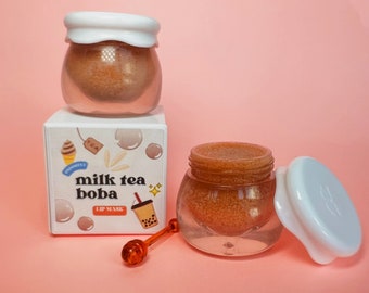 Boba Milk Tea Lip Mask -Moisturizing Overnight Lip Mask, Hydrating Lip Gloss, Lip Treatment for Soft Lips, Cute Pot w/ Honeycomb Applicator