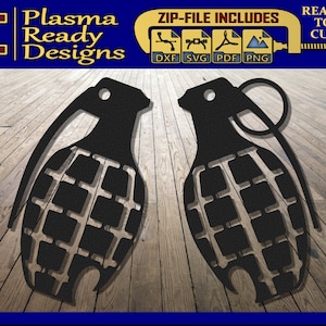 May include: Two black silhouette images of a grenade with a pin and a handle. The images are on a wood grain background. The text "ZIP-FILE INCLUDES" is at the top of the image with icons for DXF, SVG, PDF, and PNG files. The text "READY TO CUT" is at the top right of the image.