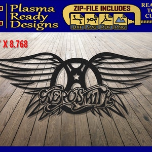 May include: Black and white digital cut file design of the Aerosmith band logo with wings. The design is 24 inches wide and 8.768 inches tall. The file includes DXF, SVG, PDF, and PNG formats.