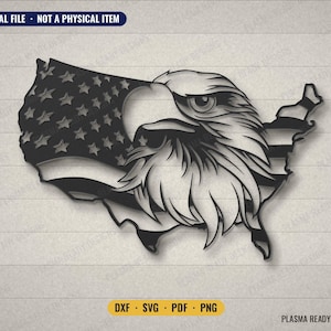 Amerikansk flagga, USA-karta, klippfil – patriotisk metallkonst, DXF-plasma (digital nedladdning)