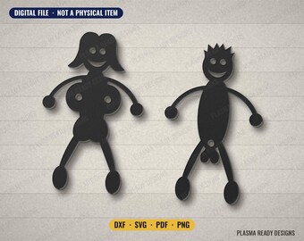 May include: Two black stick figure silhouettes on a lined background. The left figure has long hair and circular chest shapes. The right figure has spiky hair and a circular genital shape. Text reads: DIGITAL FILE - NOT A PHYSICAL ITEM, DXF, SVG, PDF, PNG.