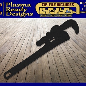 May include: A black silhouette of a pipe wrench on a wood grain background. The image includes the text "ZIP-FILE INCLUDES" and icons for DXF, SVG, PDF, and PNG file formats.