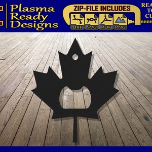 May include: A black metal maple leaf design with a bottle opener cutout. The image includes the text "Plasma Ready Designs" and "ZIP-FILE INCLUDES" with file type icons. The words "READY TO CUT" are also present.