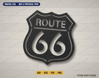 Könnte beinhalten: Ein schwarzes Route 66 schildförmiges Design mit ausgeschnittenem Stil. Der Text lautet ROUTE oben und 66 in der Mitte. Das Bild enthält den Text DIGITAL FILE - NOT A PHYSICAL ITEM und DXF - SVG - PDF - PNG am unteren Rand.