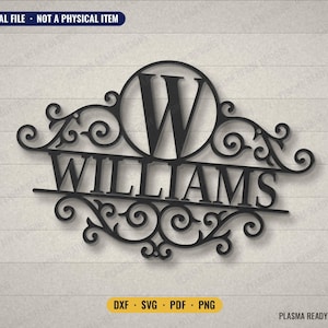 Delad monogram-klippfil A–Ö, efternamnsskylt SVG DXF – CNC-plasma, lasermetallskylt (digital nedladdning)