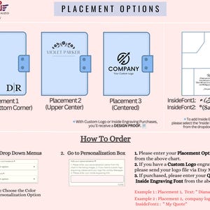May include: Placement options for a personalized journal or notebook.  The image shows three different placement options for a logo or text on the cover of the journal.  The options are: Right Bottom Corner, Upper Center, and Centered.  The image also includes instructions on how to order the journal, including how to choose the color, personalization options, and placement options.  The image also includes instructions on how to add a custom logo or inside engraving.