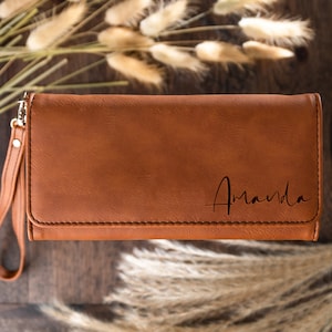 Portefeuille élégant personnalisé en cuir végétalien pour femme, Portefeuille élégant végétalien pour femme, Portefeuille avec enveloppes pour espèces, Portefeuille avec bracelet, Portefeuille pour femme