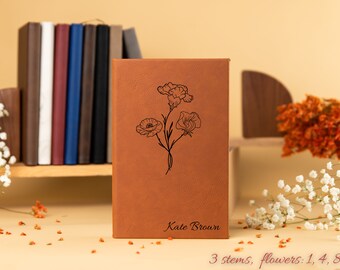 Birth Month Flower Journal, Birth Flower Gift, Personalized Vegan Leather Journal, Engraved Gratitude, Meditation, Dream & Prayer Journal