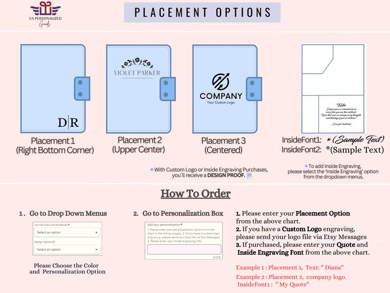May include: Placement options for a personalized notebook or journal.  The image shows four different placement options for text or a logo on the cover.  The options are: Right Bottom Corner, Upper Center, Centered, and Inside Font.  The image also includes instructions on how to order and personalize the notebook.