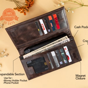 Cartera de cuero personalizada para mujer, cartera de sobre en efectivo, cartera larga, cartera de teléfono, regalos de dama de honor, regalo de 40 cumpleaños para ella