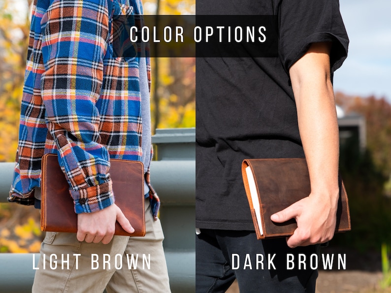May include: Two leather journals, one light brown and one dark brown, are shown being held by two different people. The text "COLOR OPTIONS" is displayed above the journals. The text "LIGHT BROWN" is below the light brown journal and the text "DARK BROWN" is below the dark brown journal.