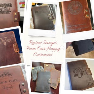 May include: A collage of images showcasing personalized leather journals with various engravings. The journals are brown and feature different designs and text, including names, initials, and logos. The text "Review Images From Our Happy Customers" is displayed in the center of the collage.