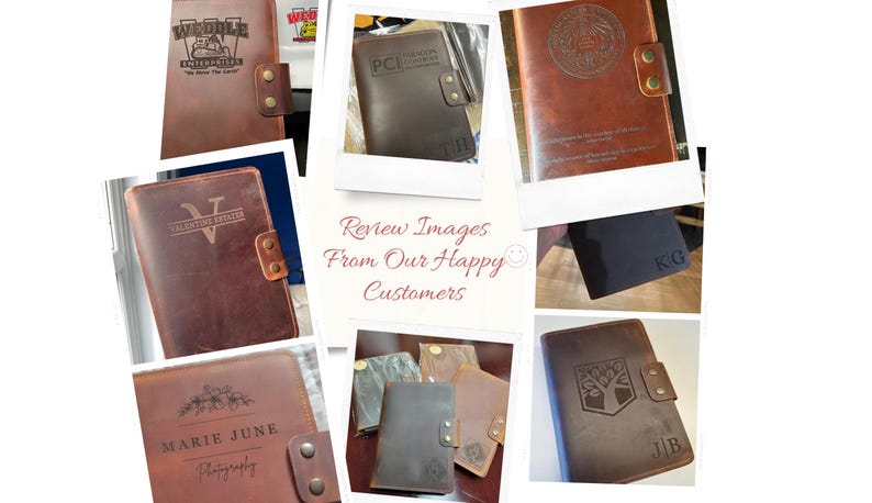 May include: A collage of images showcasing personalized leather journals with various engravings. The journals are brown and feature different designs and text, including names, initials, and logos. The text "Review Images From Our Happy Customers" is displayed in the center of the collage.