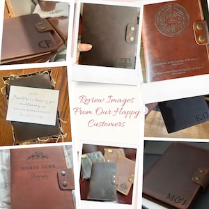 May include: A collection of personalized leather journals with various engravings. The journals are brown, black, and have different text and designs. Some of the text includes "Justin", "Marie June Photography", "M&J", "KG", and "Northeastern University".