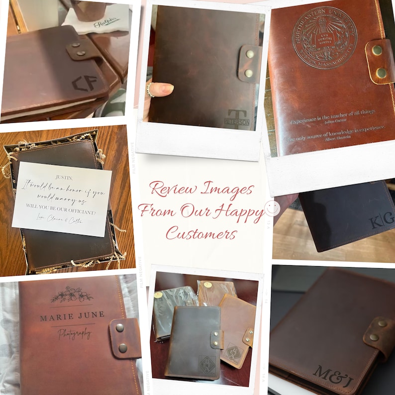 May include: A collection of personalized leather journals with various engravings. The journals are brown, black, and have different text and designs. Some of the text includes "Justin", "Marie June Photography", "M&J", "KG", and "Northeastern University".