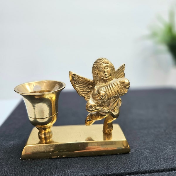 Enchanting Vintage Brass Single Candle Holder with Dancing Cherub holding an Accordian/Concertina, Angel Collector Gift,  Holiday Decor