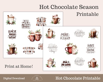 Temporada de chocolate caliente, citas de chocolate caliente, pegatinas navideñas impresas y cortadas, imágenes prediseñadas de invierno acogedoras, clima de suéter, descarga instantánea