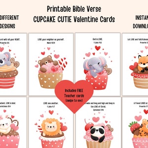 May include: Printable Valentine's Day cards featuring adorable animal characters in cupcake designs. Each card includes a Bible verse. The set includes 8 different designs and is available for instant download.