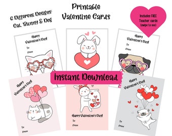 Tarjetas de San Valentín para niños, San Valentín de gatos, San Valentín de perros, San Valentín de conejos, tarjetas de San Valentín imprimibles, San Valentín para niños, San Valentín para profesores