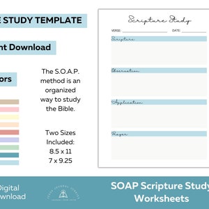 Op de afbeelding: Afdrukbare Bijbelstudie sjabloon met het acroniem SOAP, dat staat voor Schrift, Observatie, Toepassing en Gebed. De sjabloon is verkrijgbaar in 9 kleuren en twee formaten: 8,5 x 11 inch en 7 x 9,25 inch.