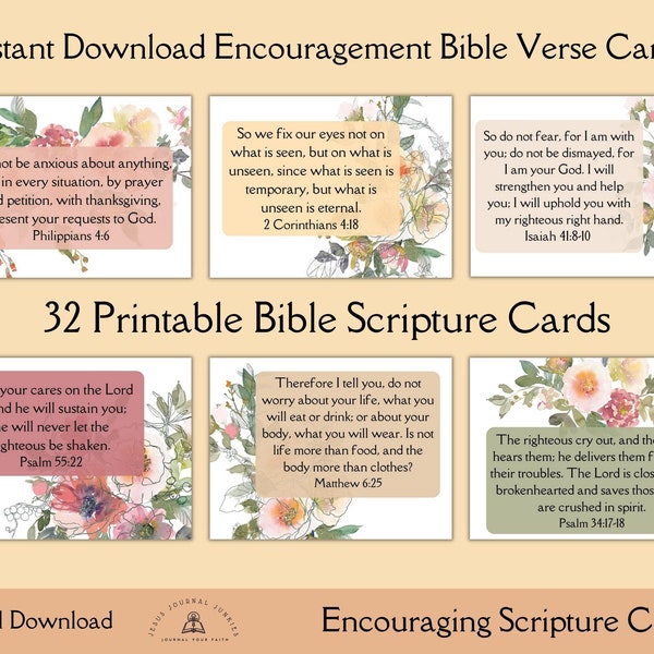Encouragement Bible Verse Card, 30 Scripture Cards, Printable Prayer Cards, Illustrated Faith, Scripture Memory Verse, Instant Download