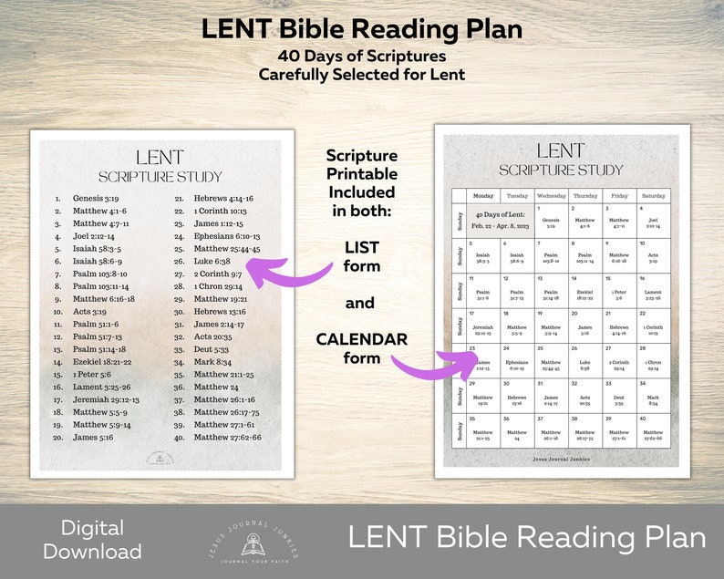 Lent Bible Reading Plan, Printable Lenten Study, Devotional Journal
