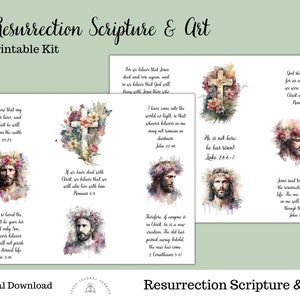 May include: Printable set of 6 digital art prints featuring watercolour illustrations of Jesus with floral wreaths and crosses. Each print includes a Bible verse about the resurrection of Jesus. The verses are: John 19:25, Job 19:25, Romans 6:5, John 12:46, Luke 24:6-7, John 11:25.