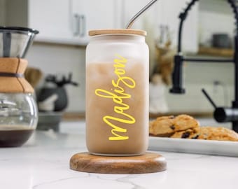 Personalized Frosted Glass Iced Coffee Cup: Bamboo Lid, Custom Name