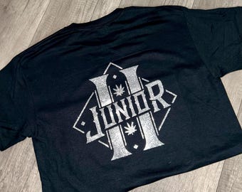 Silver Glitter Junior H Graphic T-Shirt | Black Streetwear Tee | Concert Junior H | Sad Boyz