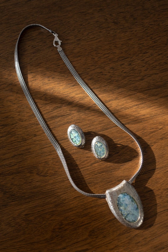 Vintage Roman Glass Pendant and Earrings