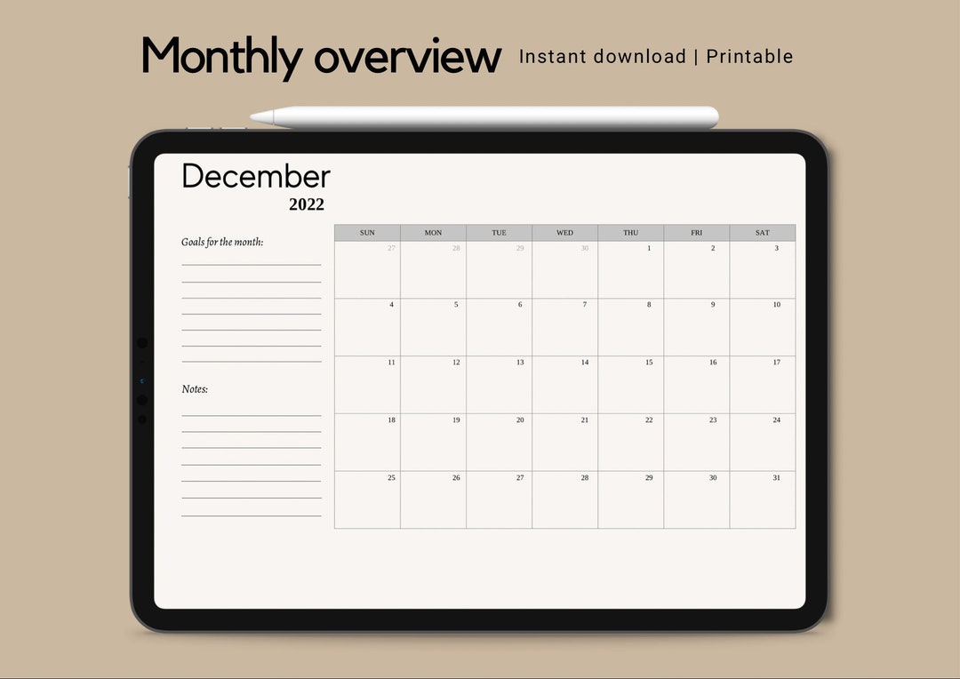 Monthly Planner, December 2022, Monthly Overview Etsy