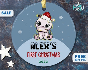 Personalized Babys First Christmas Ornament 2023 Hippo Babies My First Christmas Ornament Baby Boy PSO83