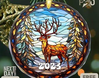 Christmas 2023 Deer Ornament - Round Glass and Ceramic Xmas Tree Decoration - Holiday Keepsake Gift Idea for Christmas Exchange - ST26