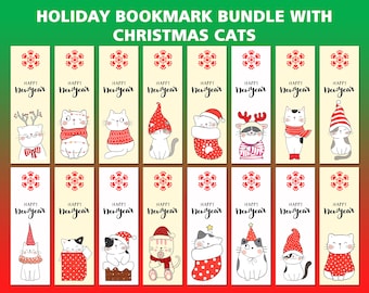 Set of Cute Cat Christmas Bookmarks | Printable Bookmarks for Cat People | Holiday Gift for Readers | 16 Bookmarks -Background Color Options