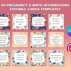 60 Schwangerschaft & Geburt Affirmation Digitale Canva Vorlagen | Bearbeitbare Instagram Beiträge Joyful Flowers Hintergründe | Zitat Paket für Social Media