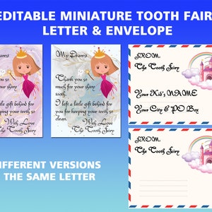 Imprimibles editables de cartas y sobres del Hada de los Dientes en miniatura / Versiones en rosa o azul / Nota de agradecimiento personalizada / Descarga instantánea