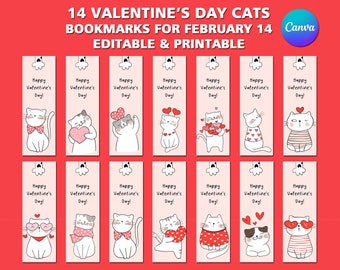 14 Cute Cats Valentine's Day Bookmarks | Printable Digital Editable Bookmarks | Gifts for Readers & Students | Canva Bookmark Templates