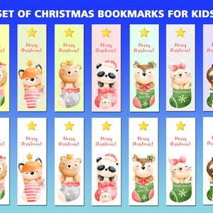 Set of Cute Animal Christmas Bookmarks | Printables for Kids | Holiday Gifts for Readers | 7(x2) Animal Bookmarks Pastel or White Background