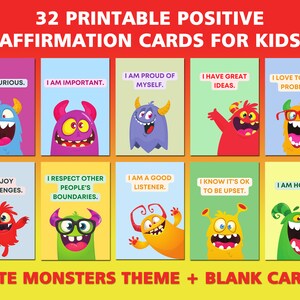 Tarjetas de Afirmaciones Imprimibles para Niños / 32 Tarjetas Temáticas de Monstruos Lindos / Afirmaciones Diarias Coloreadas + 10 Tarjetas en Blanco para Sus Propias Afirmaciones
