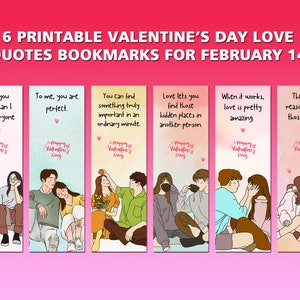 Printable Valentine&#39;s Day Romantic Love Quotes Bookmarks Set | Digital Valentine Gifts | 6 Illustrated Bookmark PNGs Watercolor Background