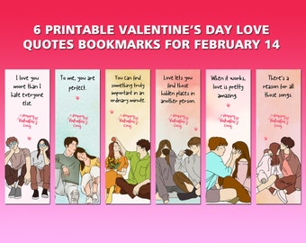 Printable Valentine's Day Romantic Love Quotes Bookmarks Set | Digital Valentine Gifts | 6 Illustrated Bookmark PNGs Watercolor Background
