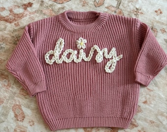 Hand Embroidered Custom Name Baby Sweater, Chunky Knit