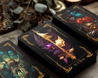 May include: A set of tarot cards with black backs and gold decorative borders. The cards display detailed, colourful illustrations of flowers, a skull, and other mystical symbols. The Ace of Wands card is visible, along with other cards.